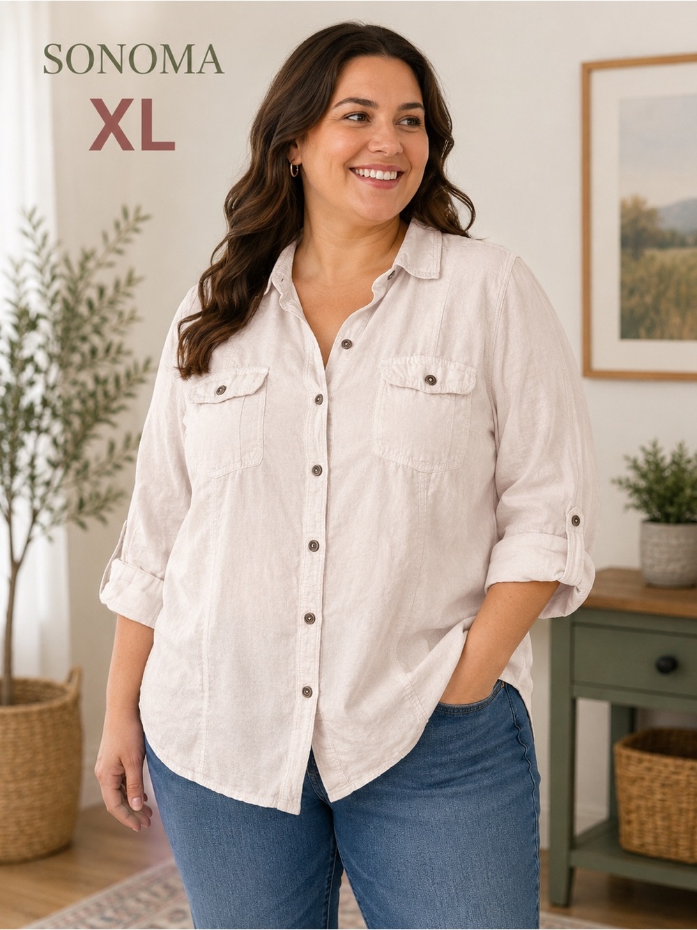 SONOMA Light cream Button-Front Shirt XL